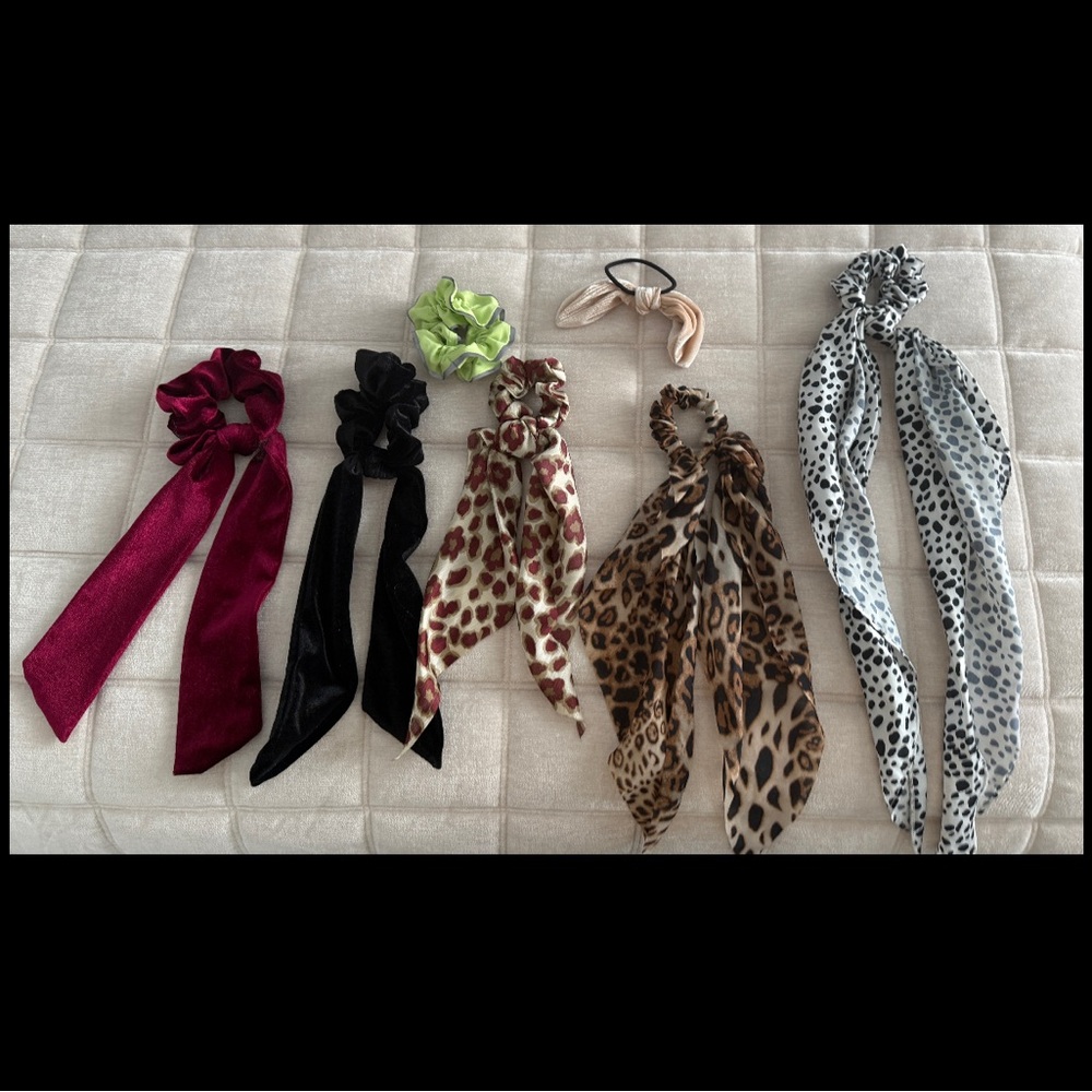 Variety of Hair Scrunchies Set - Leopard, Black, Red, Green, Beige.